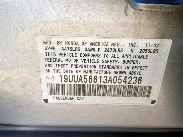 19UUA56613A054236 - 2003 ACURA 3.2TL SILVER photo 10