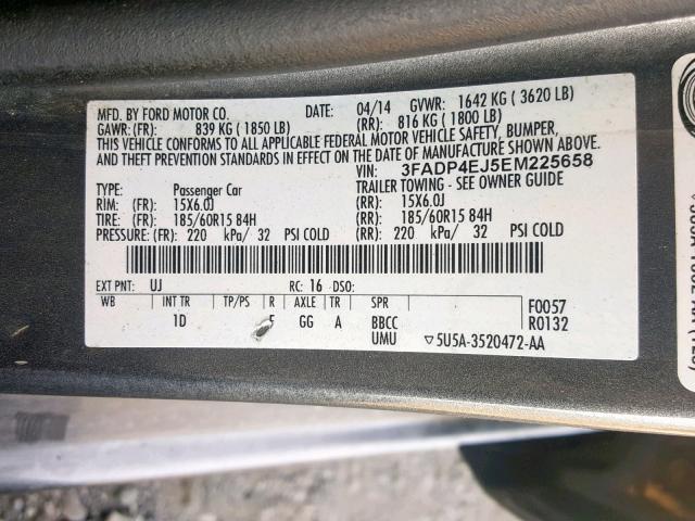 3FADP4EJ5EM225658 - 2014 FORD FIESTA SE GRAY photo 10