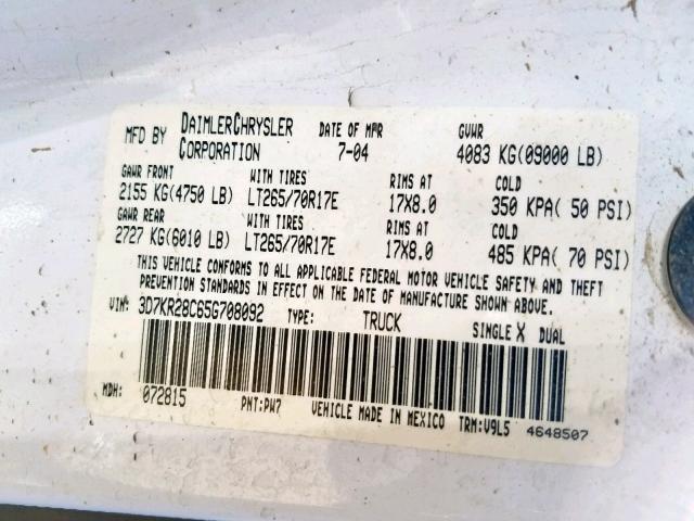 3D7KR28C65G708092 - 2005 DODGE RAM 2500 S თეთრი ფოტო 10