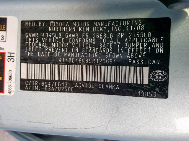 4T4BE46K89R120694 - 2009 TOYOTA CAMRY BASE BLUE photo 10