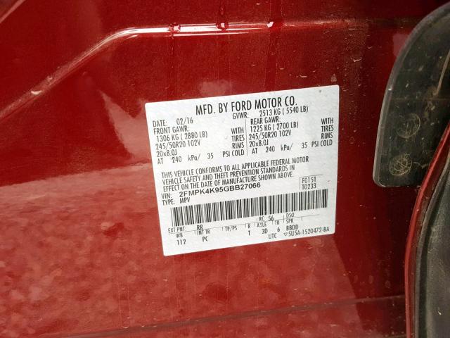 2FMPK4K95GBB27066 - 2016 FORD EDGE TITAN RED photo 10