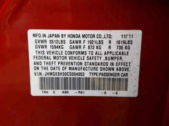 JHMGE8H30CS004053 - 2012 HONDA FIT RED photo 10