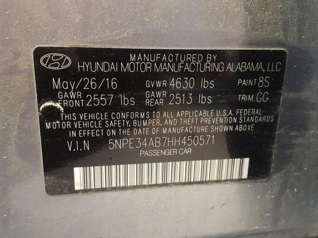 5NPE34AB7HH450571 - 2017 HYUNDAI SONATA SPO SILVER photo 10