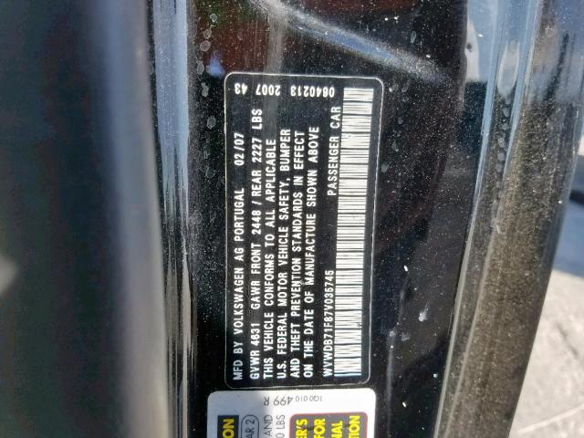 WVWDB71F87V035745 - 2007 VOLKSWAGEN EOS 3.2L S BLACK photo 10