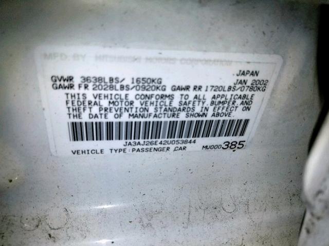 JA3AJ26E42U053844 - 2002 MITSUBISHI LANCER ES WHITE photo 10