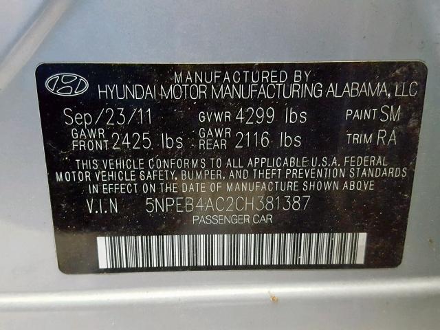 5NPEB4AC2CH381387 - 2012 HYUNDAI SONATA GLS SILVER photo 10