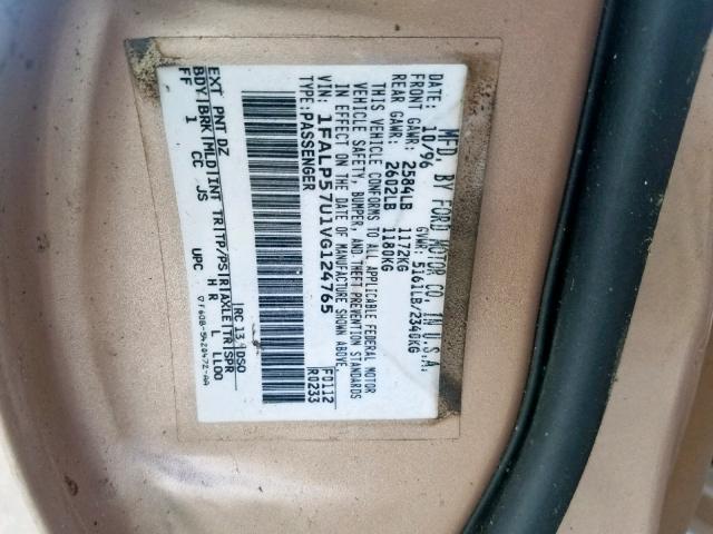 1FALP57U1VG124765 - 1997 FORD TAURUS GL GOLD photo 10