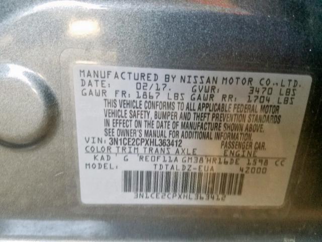 3N1CE2CPXHL363412 - 2017 NISSAN VERSA NOTE GRAY photo 10