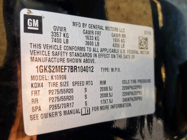 1GKS2MEF7BR104012 - 2011 GMC YUKON XL D BLACK photo 10