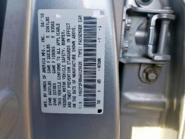 1HGCP2F88AA125620 - 2010 HONDA ACCORD EXL SILVER photo 10