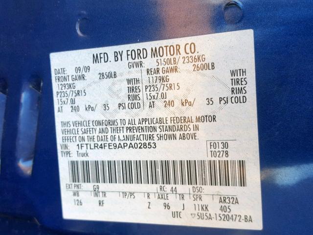 1FTLR4FE9APA02853 - 2010 FORD RANGER SUP BLUE photo 10