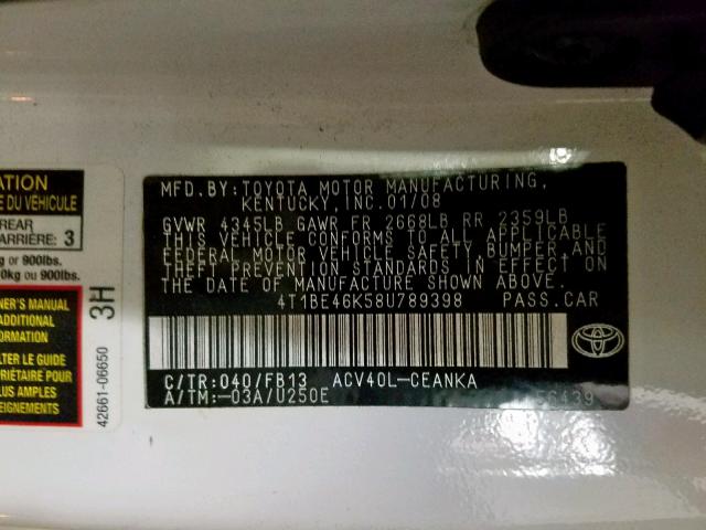 4T1BE46K58U789398 - 2008 TOYOTA CAMRY CE WHITE photo 10