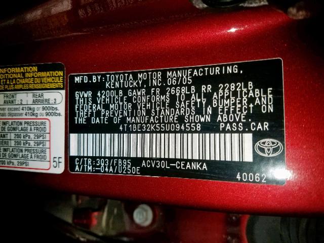 4T1BE32K55U094558 - 2005 TOYOTA CAMRY LE RED photo 10