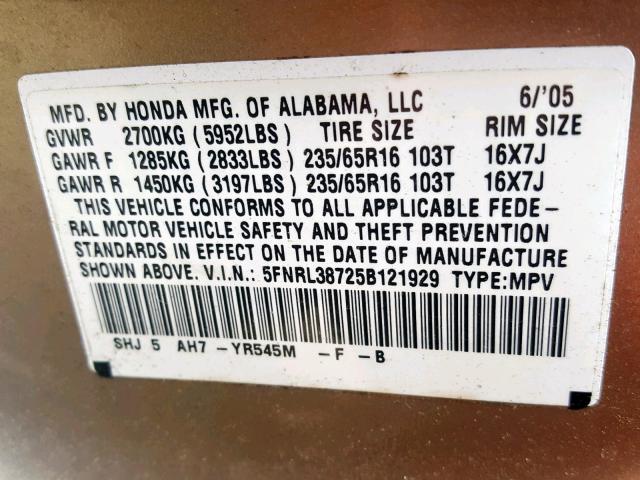 5FNRL38725B121929 - 2005 HONDA ODYSSEY EX TAN photo 10