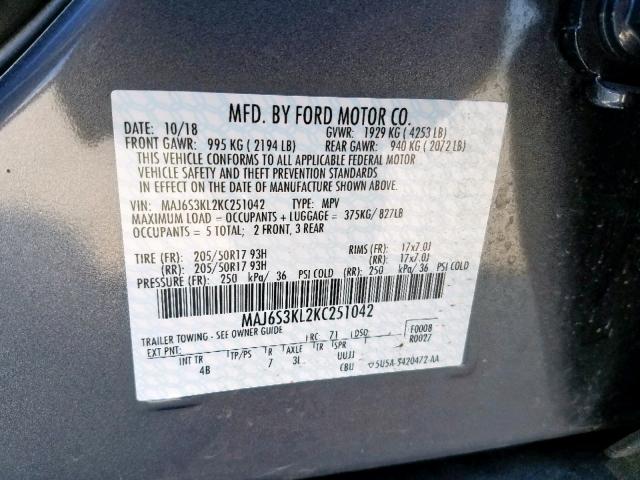 MAJ6S3KL2KC251042 - 2019 FORD ECOSPORT T GRAY photo 10