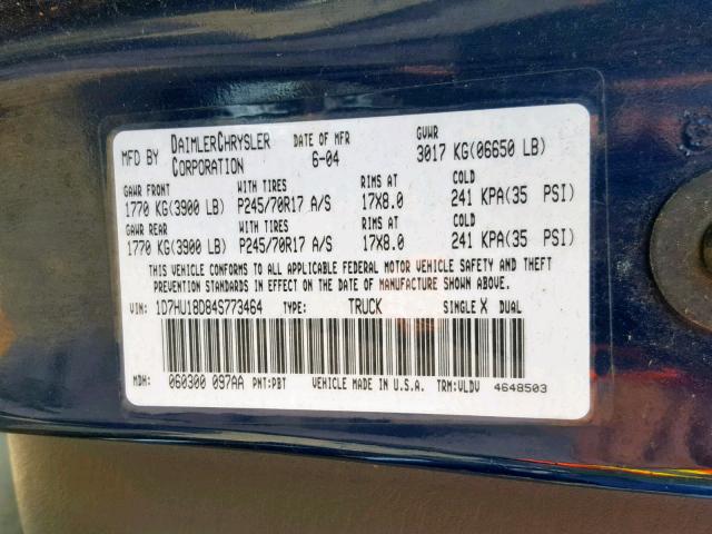 1D7HU18D84S773464 - 2004 DODGE RAM 1500 S BLUE photo 10