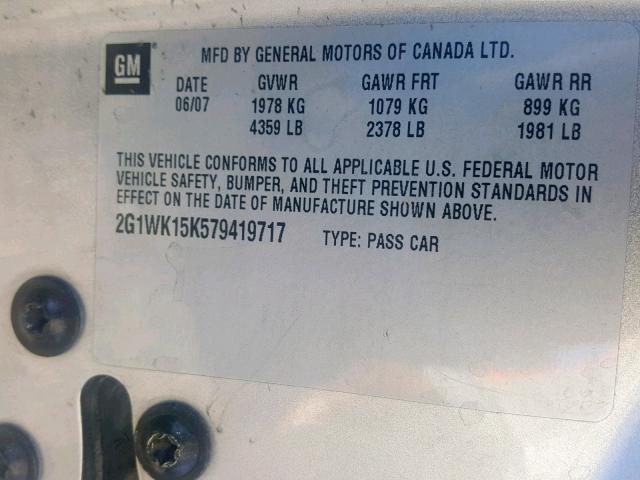 2G1WK15K579419717 - 2007 CHEVROLET MONTE CARL ვერცხლისფერი ფოტო 10