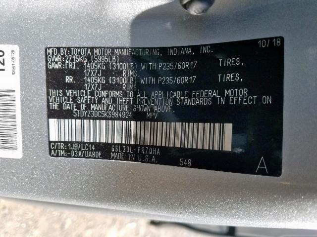 5TDYZ3DC5KS984924 - 2019 TOYOTA SIENNA LIM SILVER photo 10