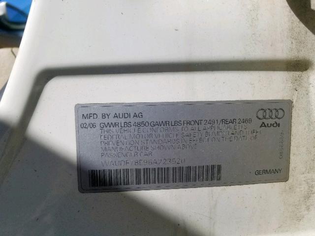 WAUDF78E96A223520 - 2006 AUDI A4 2.0T QU WHITE photo 10