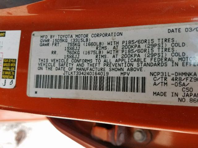 JTLKT334240164019 - 2004 TOYOTA SCION XB 橙色 照片 10