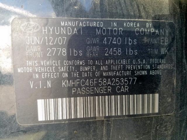 KMHFC46F58A253577 - 2008 HYUNDAI AZERA SE BLACK photo 10