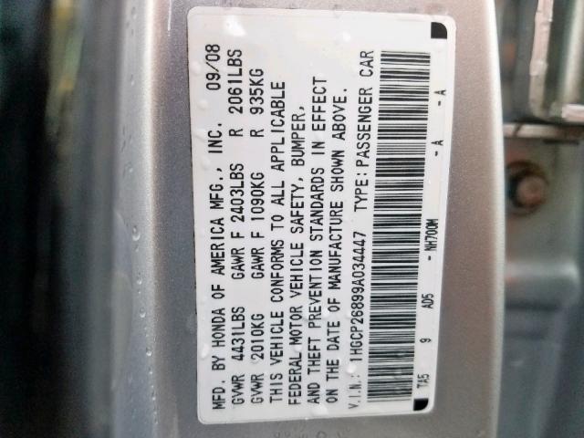 1HGCP26899A034447 - 2009 HONDA ACCORD EXL SILVER photo 10