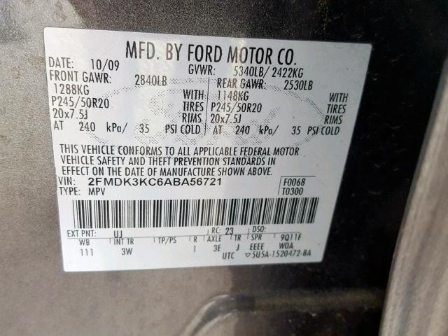 2FMDK3KC6ABA56721 - 2010 FORD EDGE LIMIT GRAY photo 10