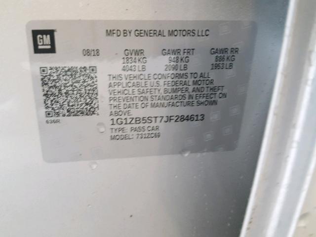 1G1ZB5ST7JF284613 - 2018 CHEVROLET MALIBU LS ვერცხლისფერი ფოტო 10