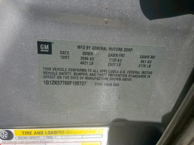 1G1ZK57788F188737 - 2008 CHEVROLET MALIBU LTZ ვერცხლისფერი ფოტო 10