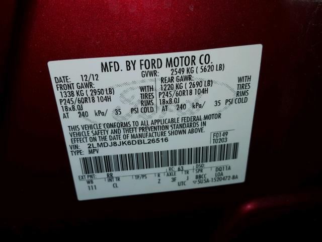 2LMDJ8JK6DBL26516 - 2013 LINCOLN MKX RED photo 10