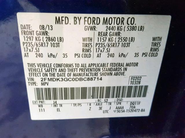 2FMDK3GC0DBC88714 - 2013 FORD EDGE SE BLUE photo 10