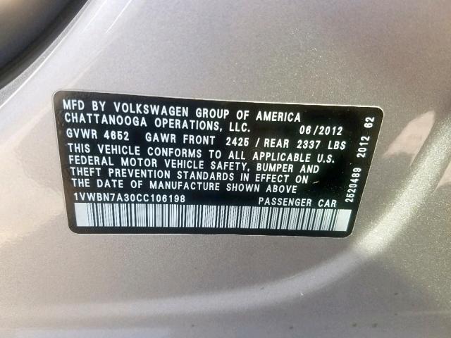 1VWBN7A30CC106198 - 2012 VOLKSWAGEN PASSAT SE SILVER photo 10