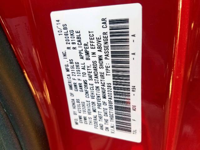 1HGCT1B89FA003285 - 2015 HONDA ACCORD EXL RED photo 10