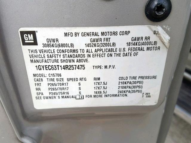 1GYEC63T14R257475 - 2004 CADILLAC ESCALADE L GRAY photo 10