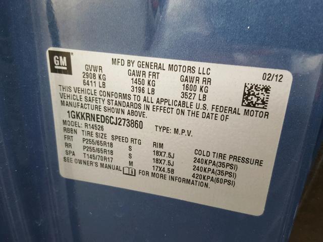 1GKKRNED6CJ273860 - 2012 GMC ACADIA SLE BLUE photo 10