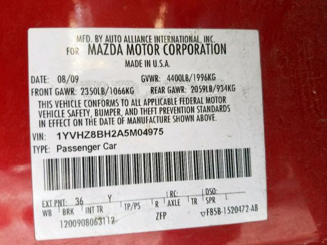 1YVHZ8BH2A5M04975 - 2010 MAZDA 6 I RED photo 10