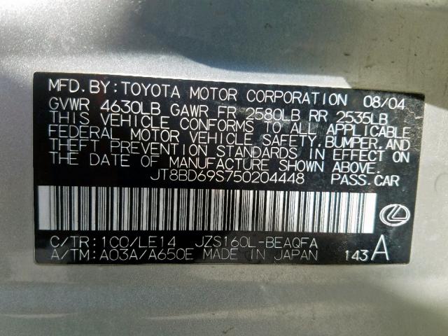 JT8BD69S750204448 - 2005 LEXUS GS 300 SILVER photo 10