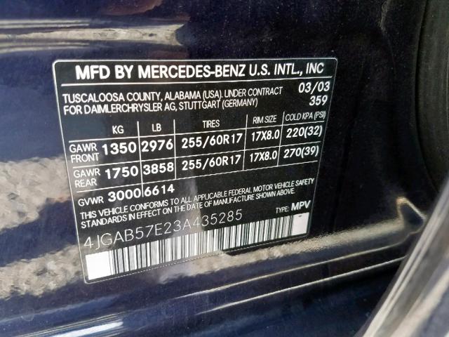 4JGAB57E23A435285 - 2003 MERCEDES-BENZ ML 350 BLUE photo 10