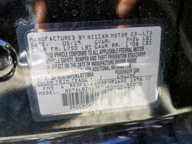 3N1CN7AP2KL877004 - 2019 NISSAN VERSA S BLACK photo 10