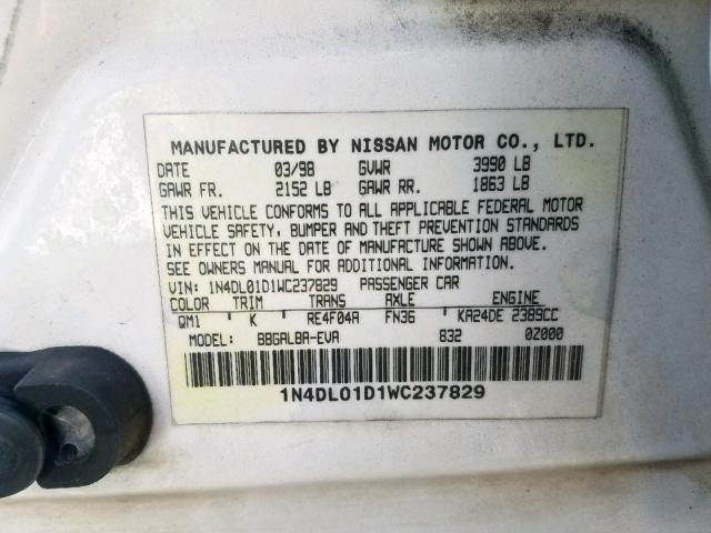 1N4DL01D1WC237829 - 1998 NISSAN ALTIMA XE WHITE photo 10