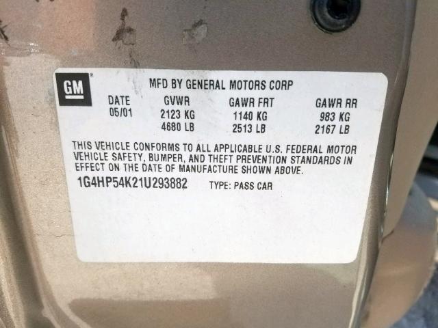 1G4HP54K21U293882 - 2001 BUICK LESABRE CU BEIGE photo 10