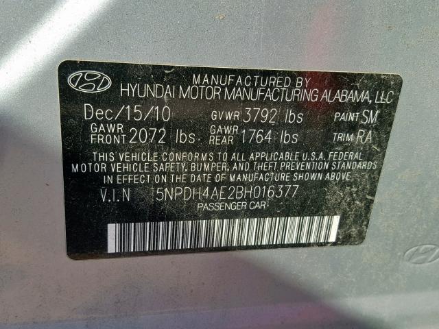 5NPDH4AE2BH016377 - 2011 HYUNDAI ELANTRA GL SILVER photo 10