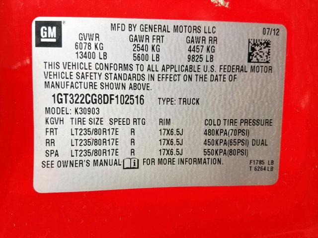 1GT322CG8DF102516 - 2013 GMC SIERRA K35 RED photo 10