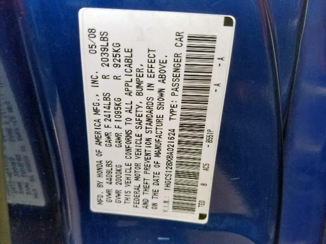 1HGCS128X8A021624 - 2008 HONDA ACCORD EXL BLUE photo 10