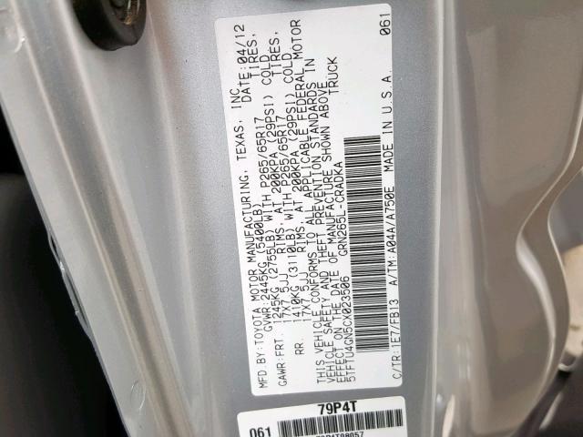 5TFTU4GN5CX023506 - 2012 TOYOTA TACOMA PRE SILVER photo 10