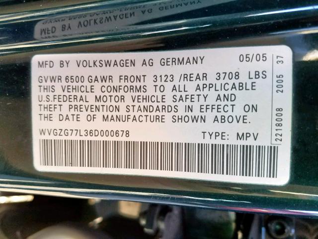 WVGZG77L36D000678 - 2006 VOLKSWAGEN TOUAREG 3. GREEN photo 10