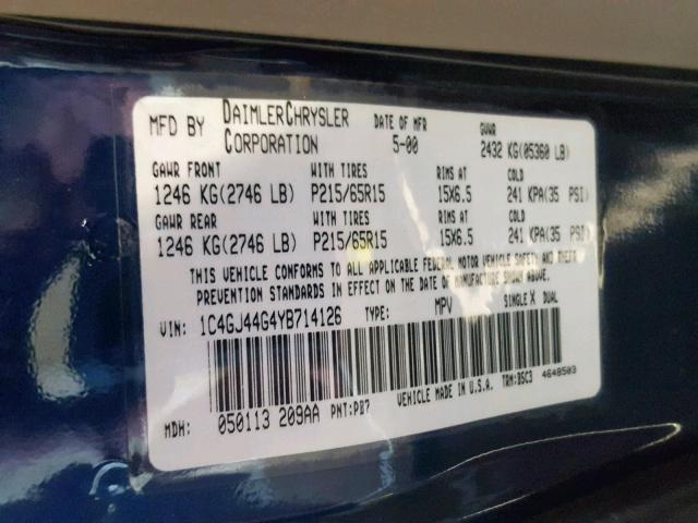 1C4GJ44G4YB714126 - 2000 CHRYSLER GRAND VOYA BLUE photo 10