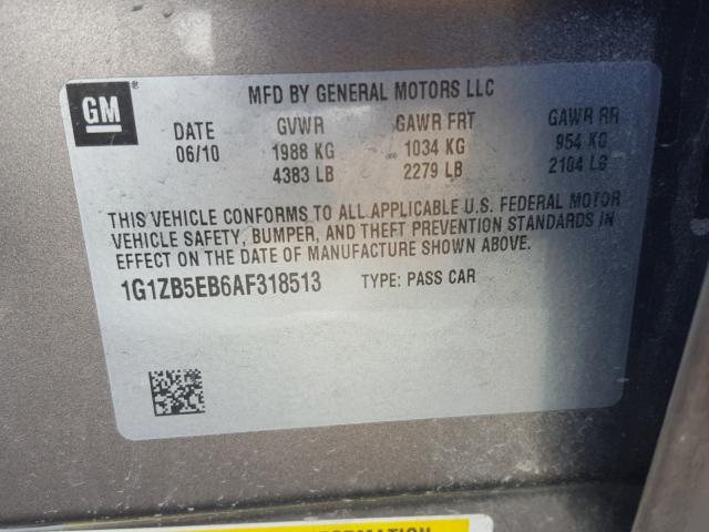 1G1ZB5EB6AF318513 - 2010 CHEVROLET MALIBU LS 灰色 照片 10