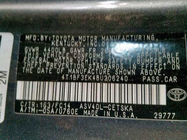 4T1BF3EK4BU206240 - 2011 TOYOTA CAMRY BASE GRAY photo 10