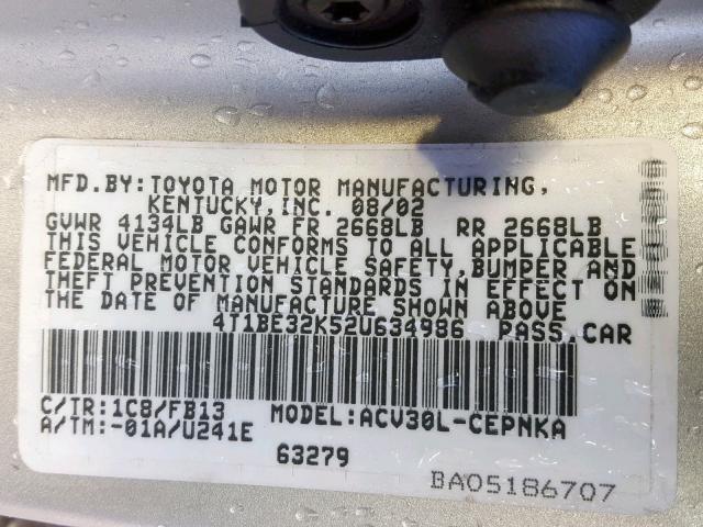 4T1BE32K52U634986 - 2002 TOYOTA CAMRY LE SILVER photo 10